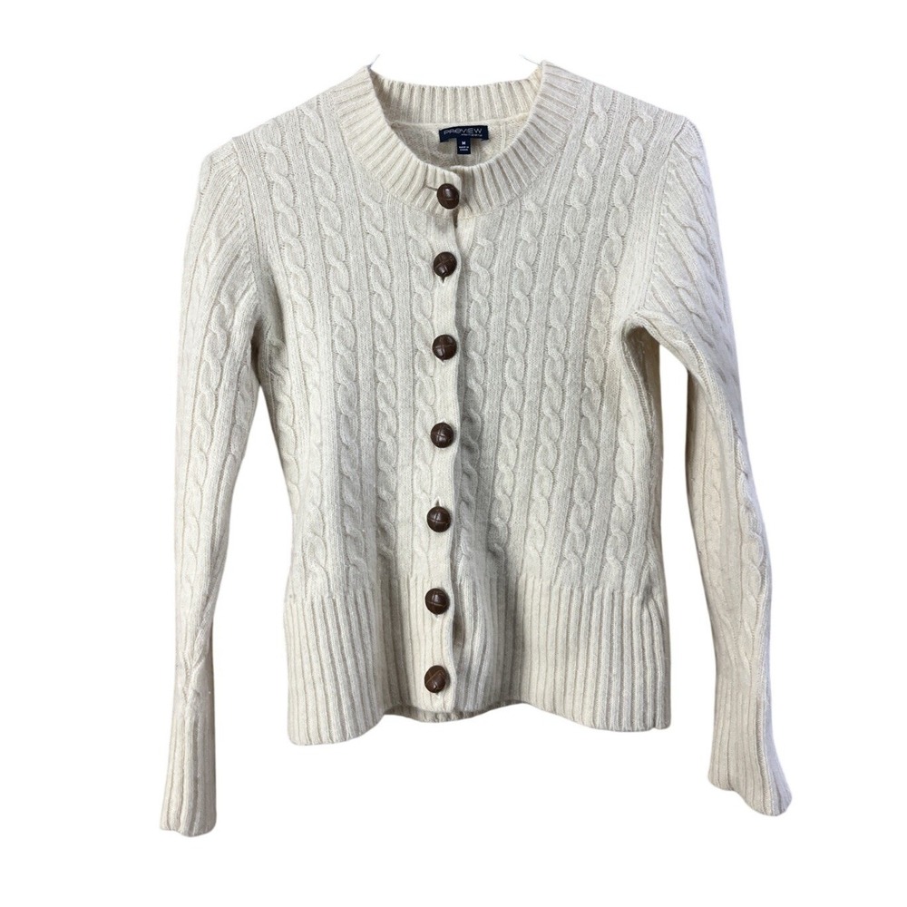 Preview Cardigan Womens M Cream Angora Lambswool Cable Knit Button Front Sweater